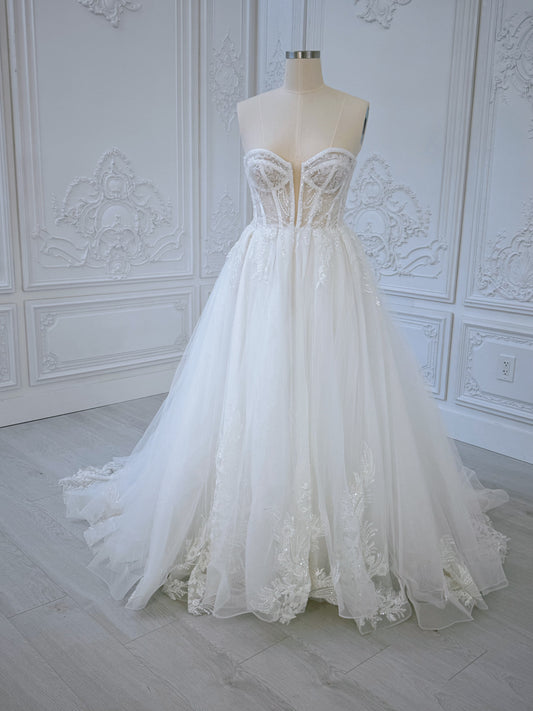 TBC-CM36 Custom-made lace embroidered strapless Aline wedding dress with split skirt - Ting's Bridal Collection
