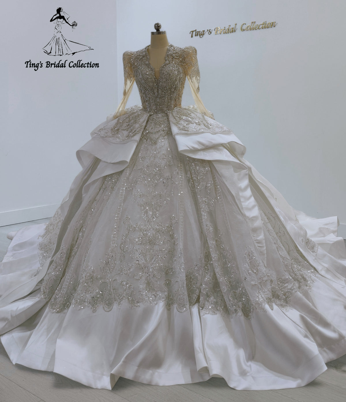 TBC-JB099 Custom-made luxury beading satin long sleeve royal wedding dress