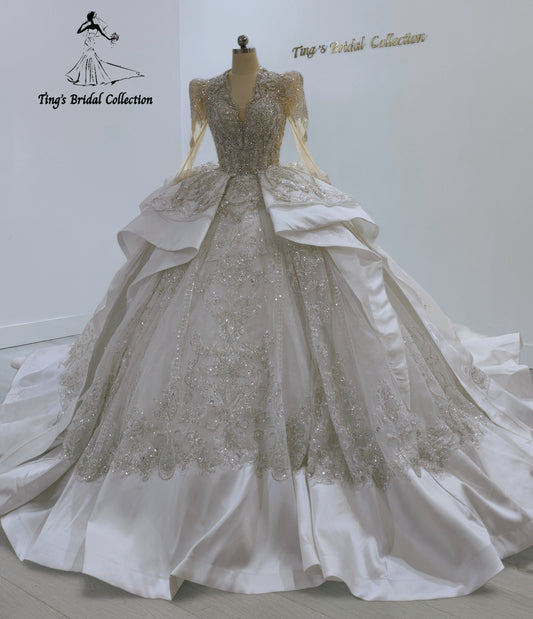 TBC-JB099 Custom-made luxury beading satin long sleeve royal wedding dress - Ting's Bridal Collection