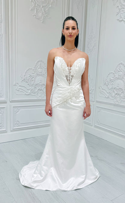 Stock Sale! Customer-made luxury beading lace embroidered strapless satin 2 in 1 ballgown&mermaid royal wedding dress with detachable skirt - Ting's Bridal Collection