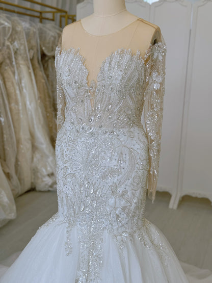 TBC-CM37 Custom-made luxury crystal with beading long sleeve sparkling mermaid wedding dress - Ting's Bridal Collection