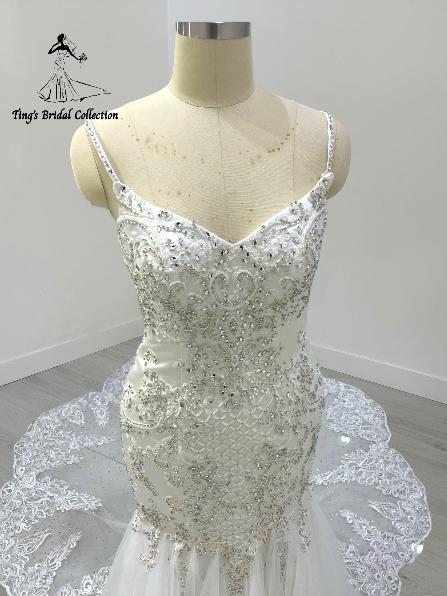 TBC-M045 Made to order lace embroidered with crystal beaded mermaid wedding dress - Ting's Bridal Collection