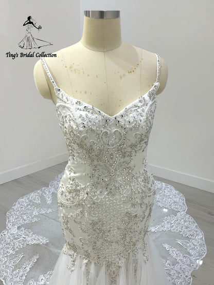 TBC-M045 Made to order lace embroidered with crystal beaded mermaid wedding dress - Ting's Bridal Collection