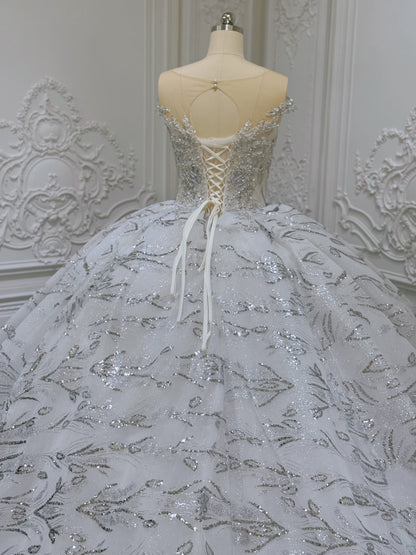 Stock Clearance! Bridal Size 10! Grey crystal beaded cap sleeve sparkling white&silver princess ballgown royal wedding dress - Ting's Bridal Collection