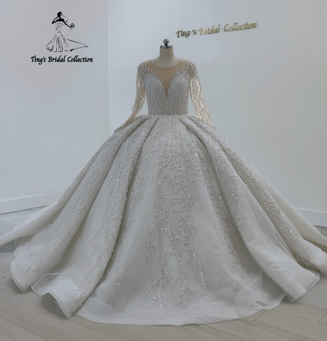 TBC-NB095 Custom-made luxury pearl&beading lace long sleeve ballgown royal wedding dress - Ting's Bridal Collection