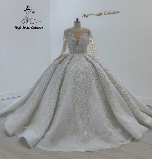 TBC-NB095 Custom-made luxury pearl&beading lace long sleeve ballgown royal wedding dress - Ting's Bridal Collection