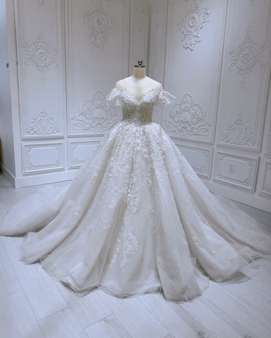 Stock clearance! Size 8! Ivory beading 3D floral ballgown fairy wedding dress - Ting's Bridal Collection