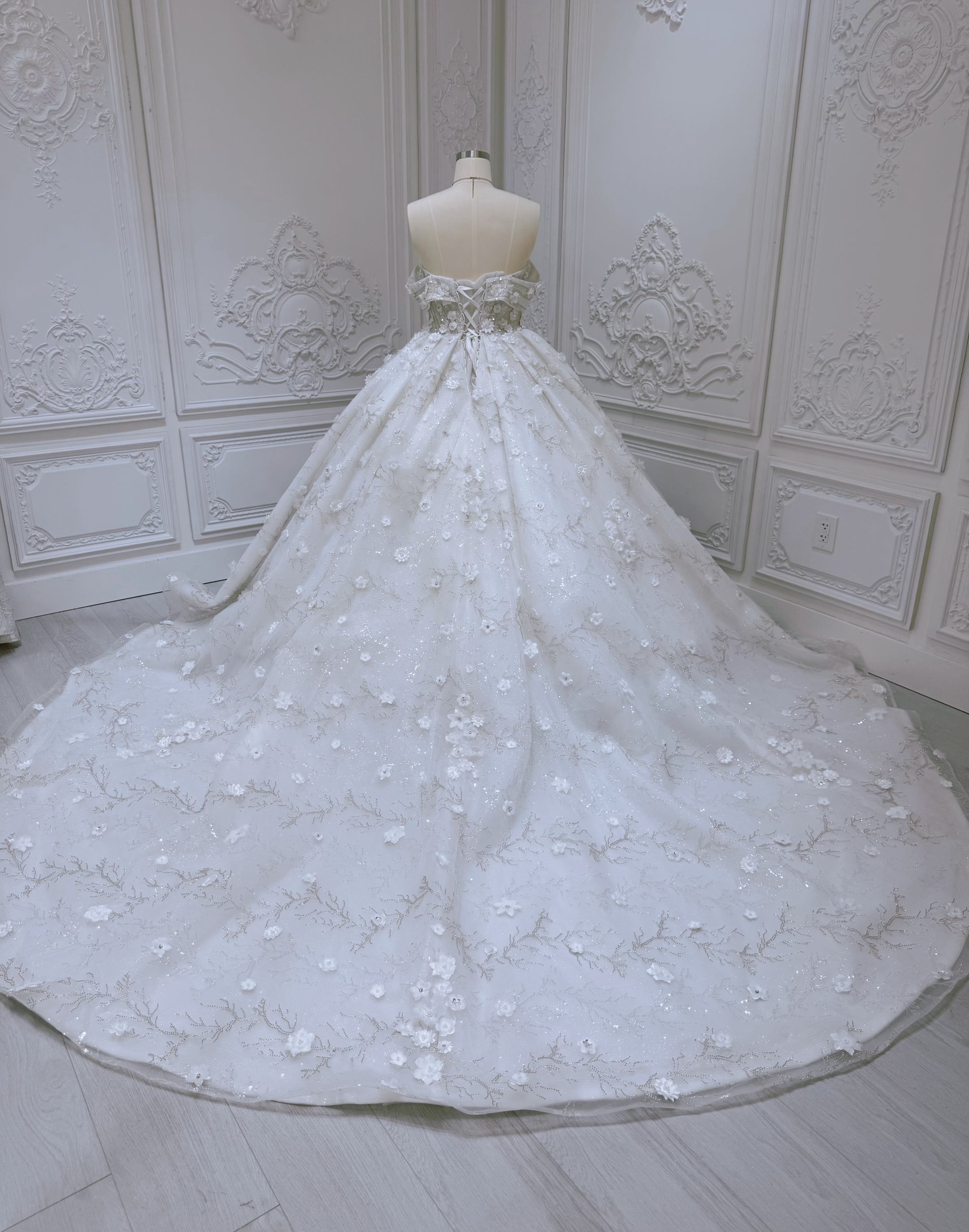 Stock Clearance! Bridal size 12! Custom-made beading with 3D floral off the shoulder princess ballgown fairy wedding dress - Ting's Bridal Collection