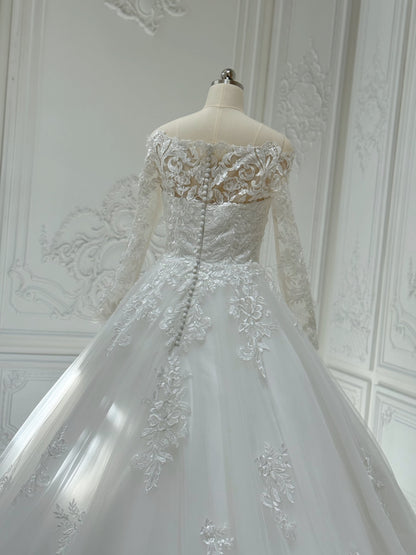Stock Clearance! Bridal size 4! Custom-made off the shoulder with long sleeve classic lace Aline wedding dress - Ting's Bridal Collection