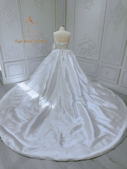 Stock of pearl beaded lace satin ballgown wedding dress - Ting's Bridal Collection