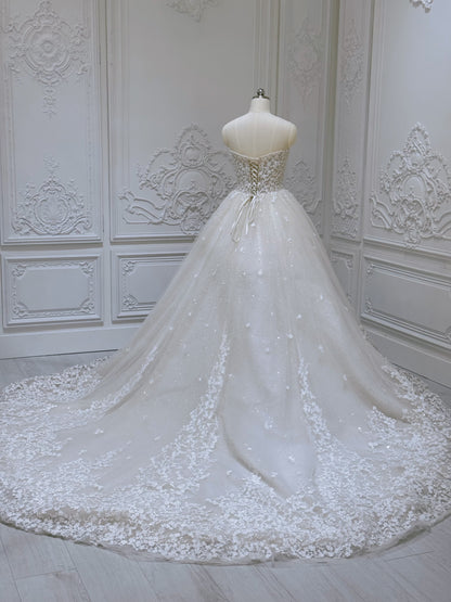 Stock clearance! Bridal size 6! Strapless ivory 3D floral Aline style fairy wedding dress - Ting's Bridal Collection