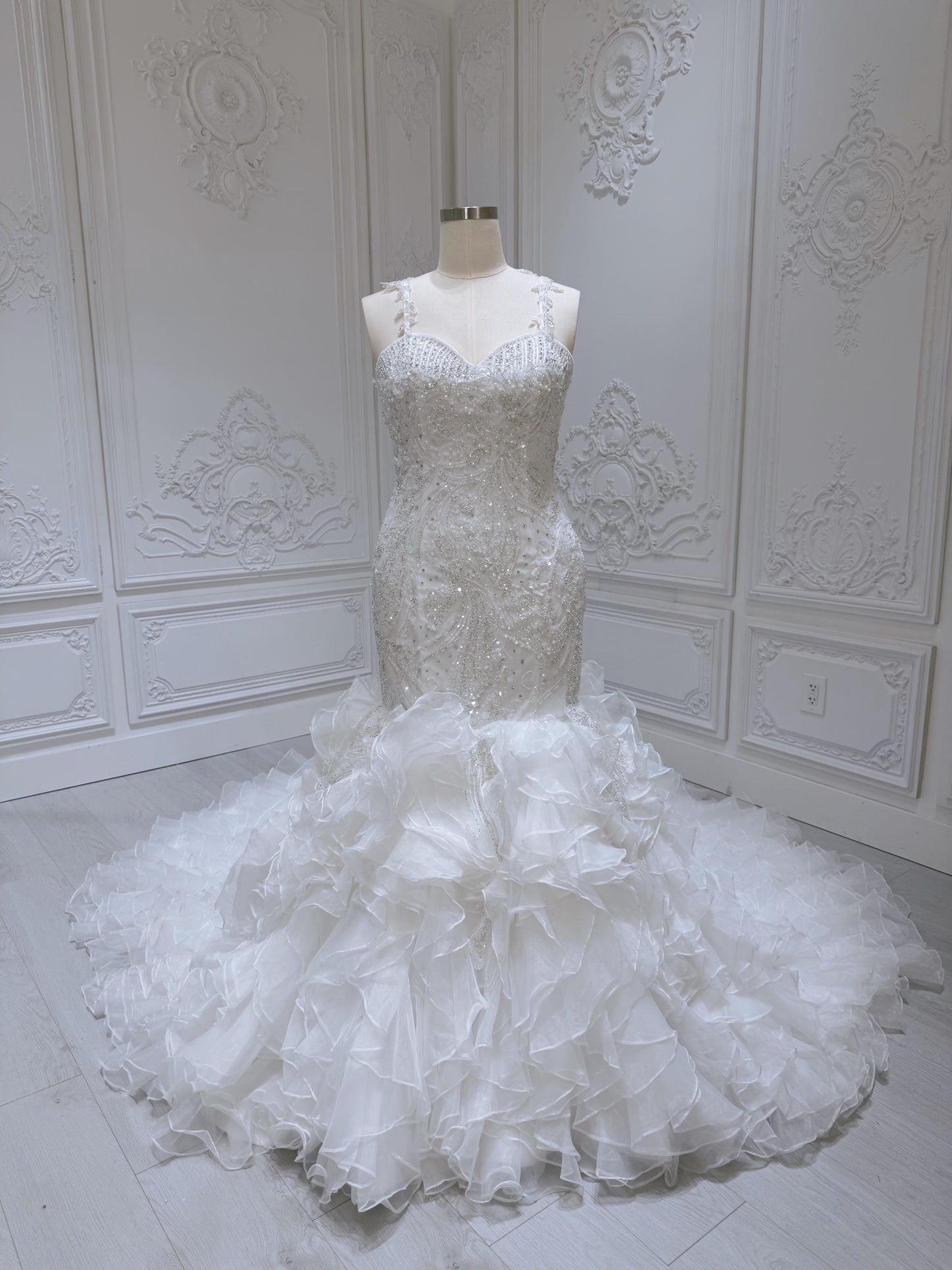Stock Clearance! Bridal size 14! Custom-made beading lace sweetheart mermaid wedding dress with ruffled skirt - Ting's Bridal Collection