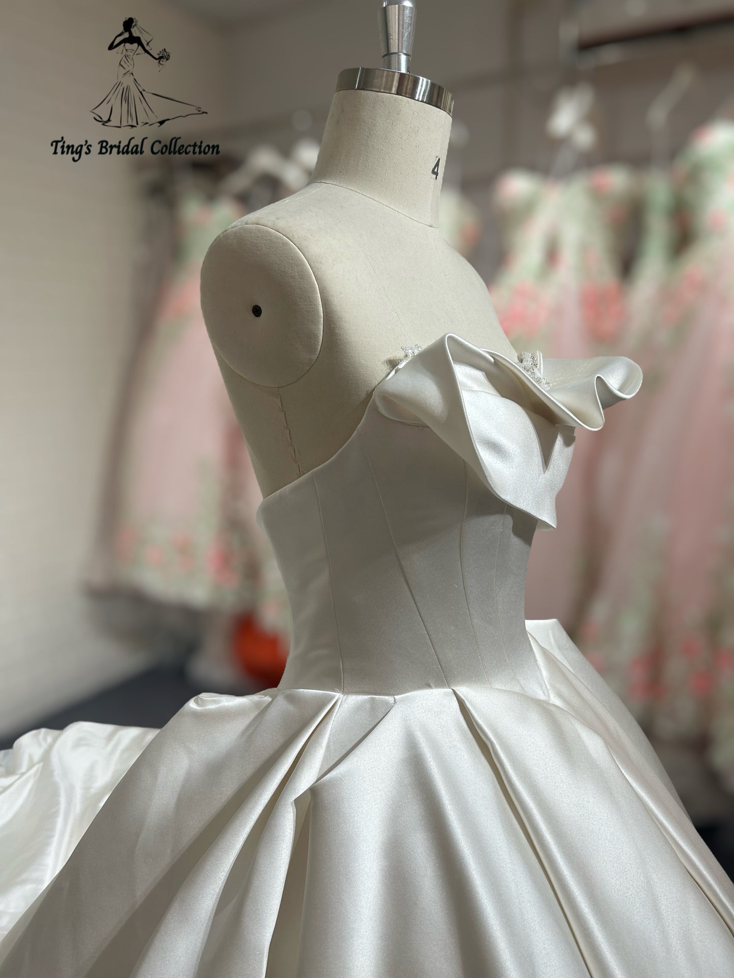 TBC-B027 Made to order satin ballgown wedding dress with ruffled neckline - Ting's Bridal Collection