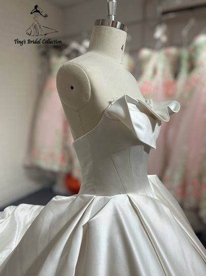 TBC-B027 Made to order satin ballgown wedding dress with ruffled neckline - Ting's Bridal Collection