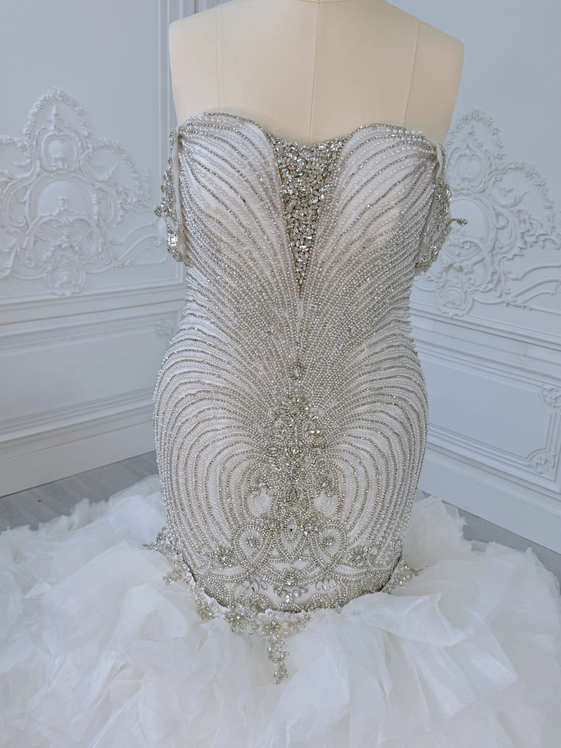 TBC-2IN1-003 Luxury crystal pearl beaded off the shoulder mermaid wedding dress with detachable ruffled skirt - Ting's Bridal Collection