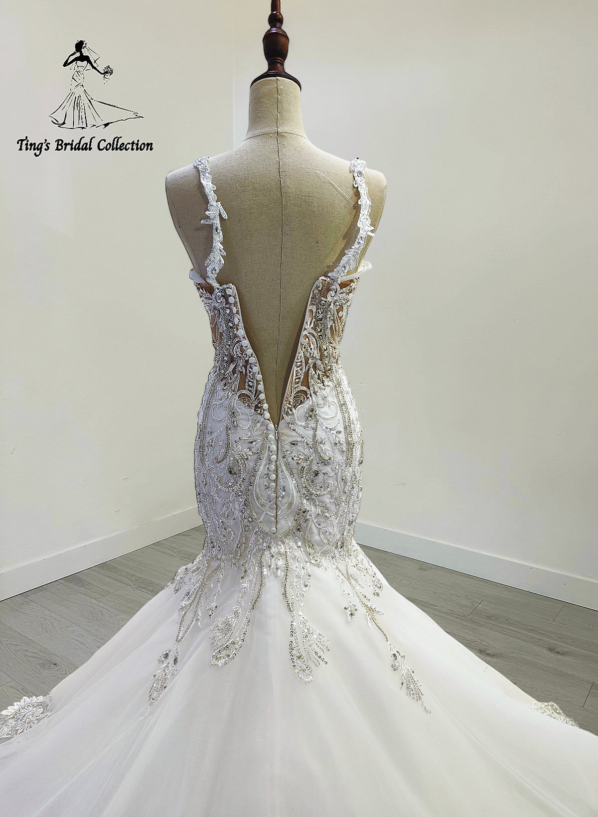 TBC-JM064 Custom-made beading spaghetti strap low back mermaid wedding dress