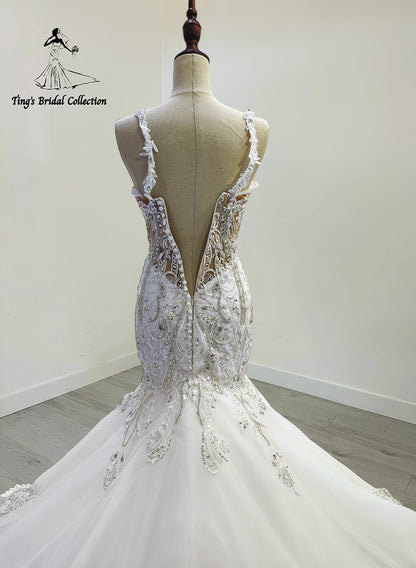 TBC-JM064 Custom-made beading spaghetti strap low back mermaid wedding dress