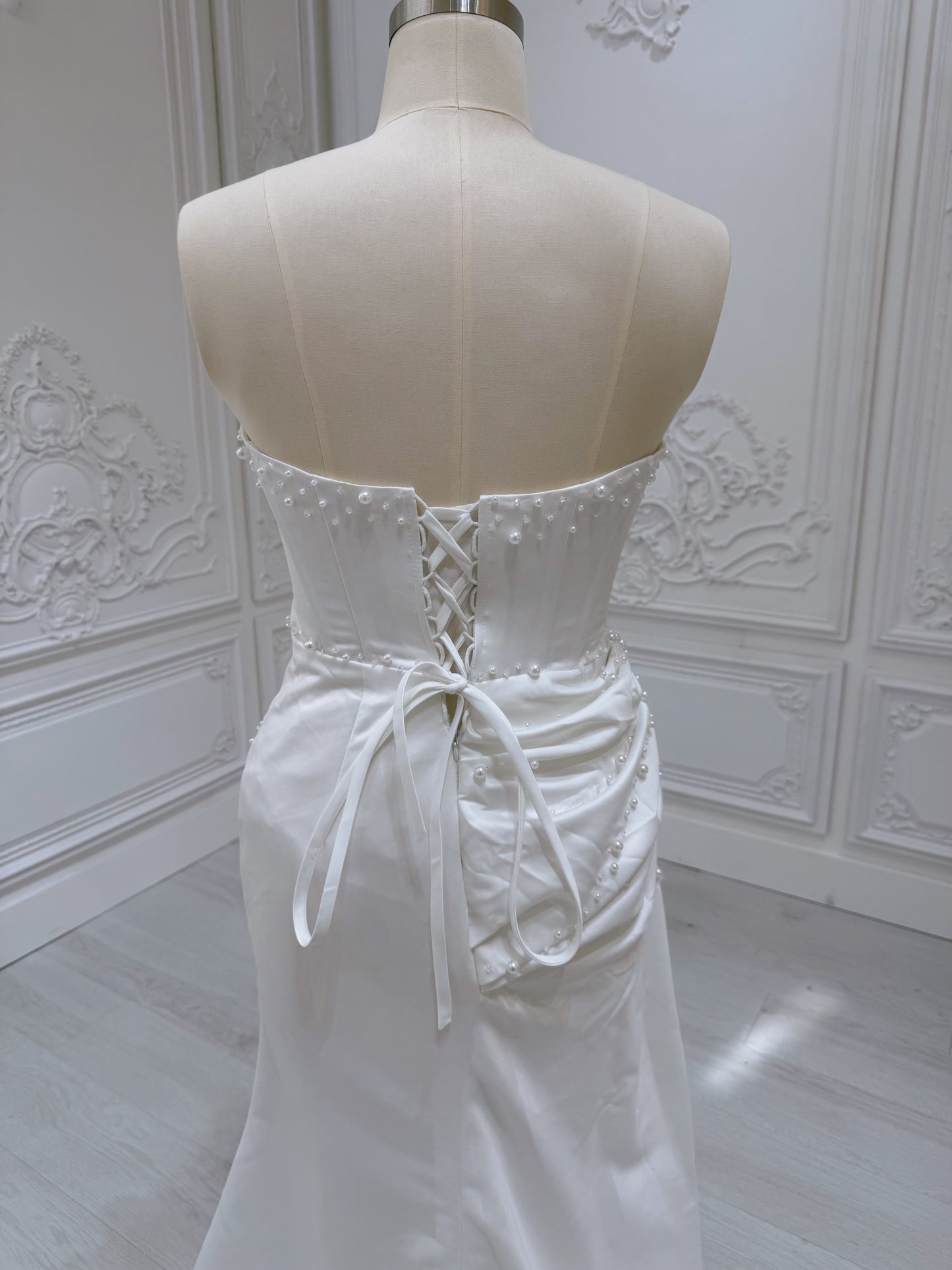 Stock Sale! Size 14 white beaded&pleated satin trumpet wedding dress/reception dress/Bridal shower dress - Ting's Bridal Collection