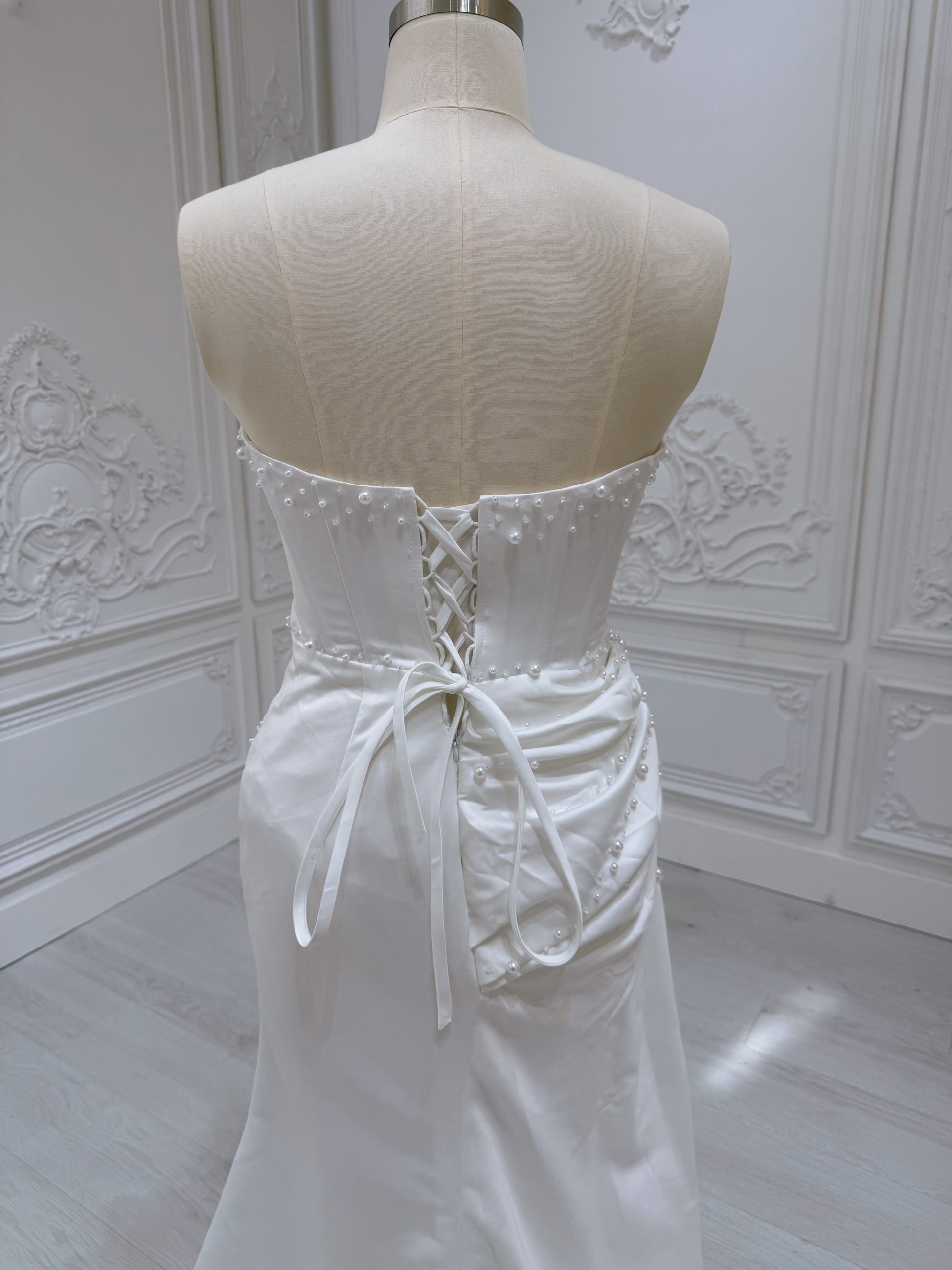 Stock Sale! Size 14 white beaded&pleated satin trumpet wedding dress/reception dress/Bridal shower dress - Ting's Bridal Collection