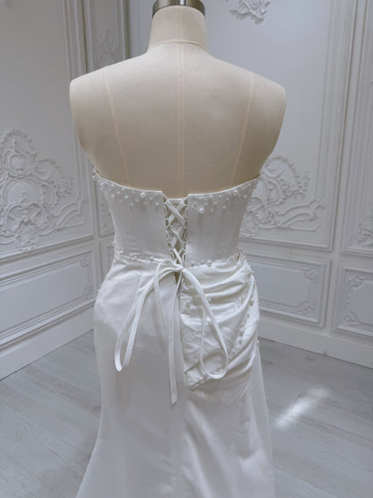 Stock Sale! Size 14 white beaded&pleated satin trumpet wedding dress/reception dress/Bridal shower dress - Ting's Bridal Collection