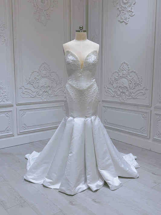 Stock clearance! Bridal size 14! White satin with pearl beaded strapless DeepV mermaid wedding dress - Ting's Bridal Collection