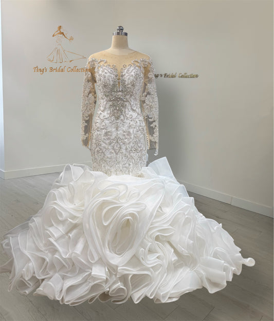TBC-CM51 Custom-made luxury beading sparkling long sleeve mermaid royal wedding dress with ruffle skirt - Ting's Bridal Collection