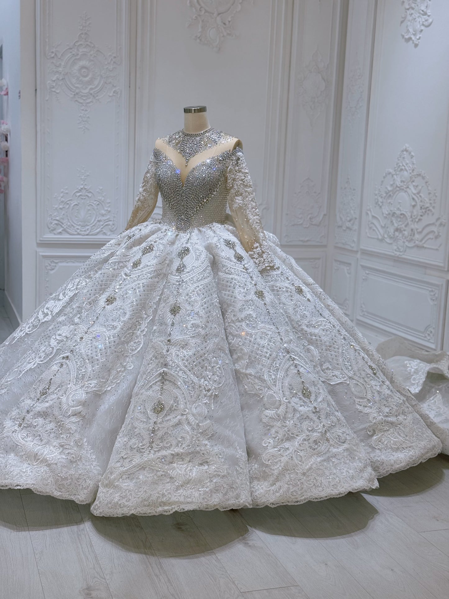 Stock Clearance! Bridal Size 12! Luxury crystal beaded with lace embroidered sparkling long sleeve high neck royal wedding dress - Ting's Bridal Collection