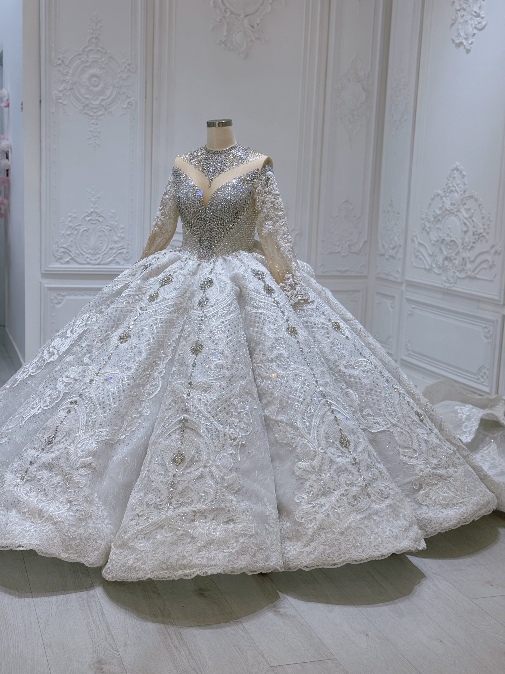 Stock Clearance! Bridal Size 12! Luxury crystal beaded with lace embroidered sparkling long sleeve high neck royal wedding dress - Ting's Bridal Collection