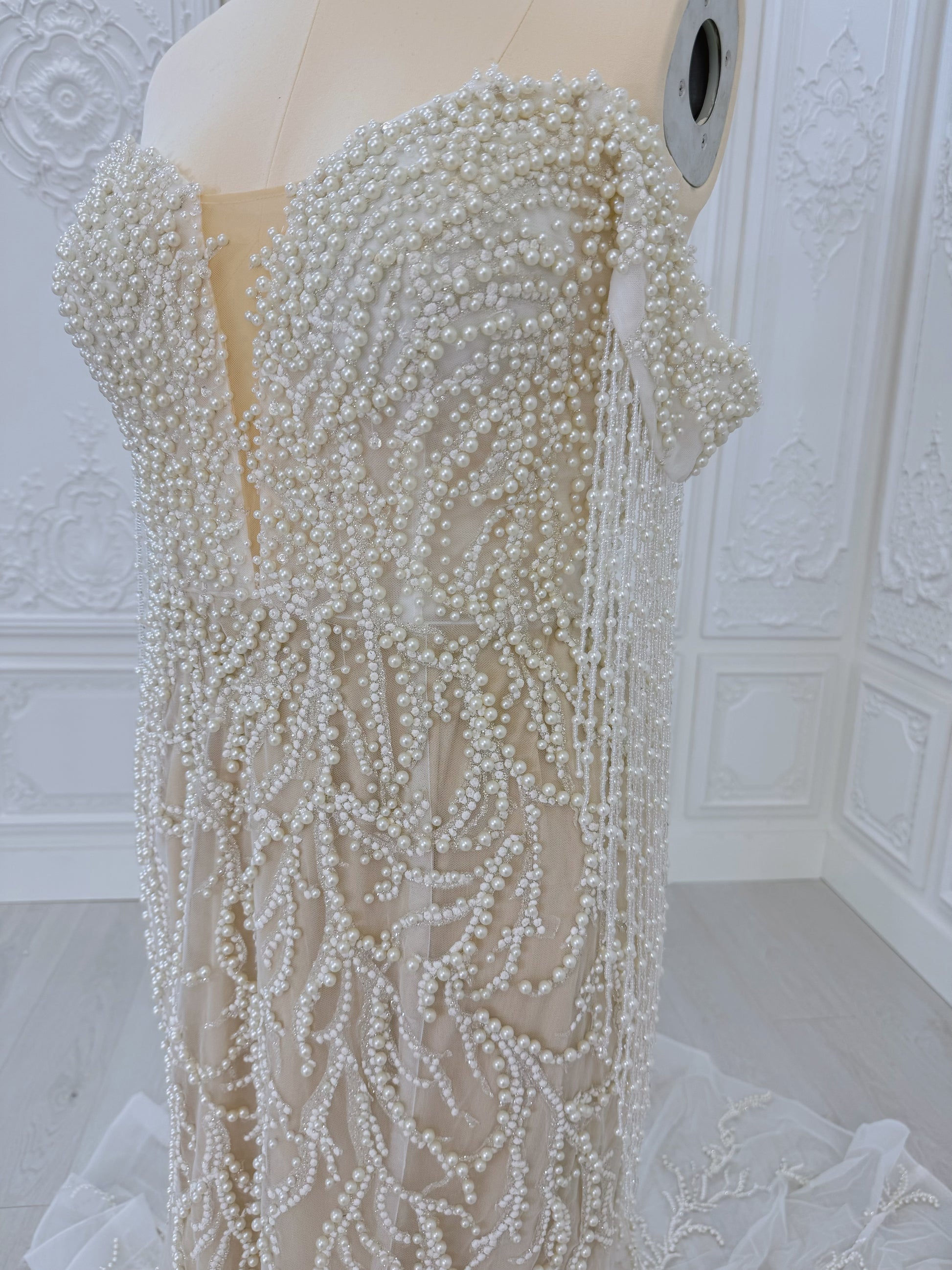 TBC-CM40 Custom-made pearl beading off the shoulder mermaid wedding dress - Ting's Bridal Collection
