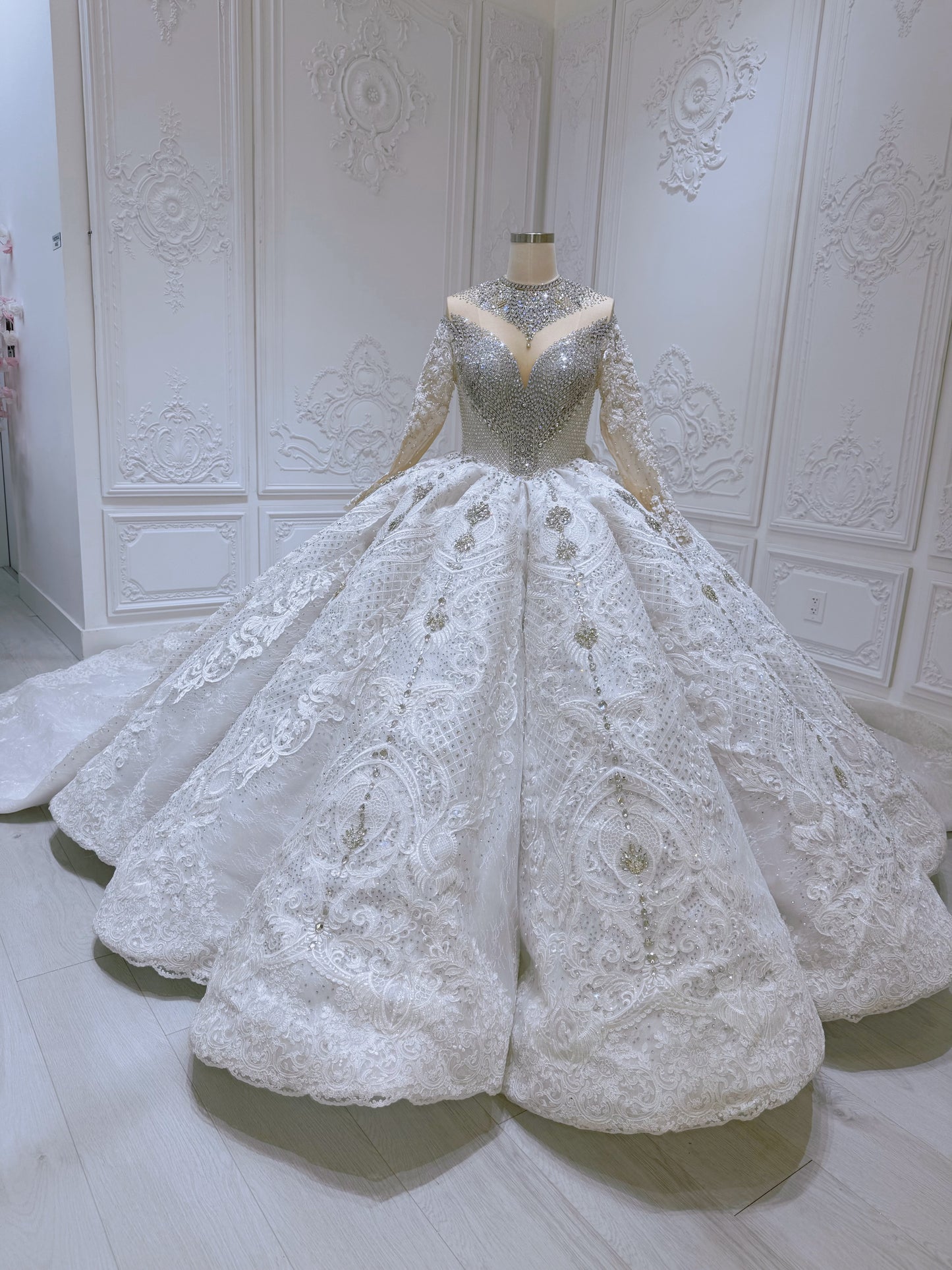 Stock Clearance! Bridal Size 12! Luxury crystal beaded with lace embroidered sparkling long sleeve high neck royal wedding dress - Ting's Bridal Collection