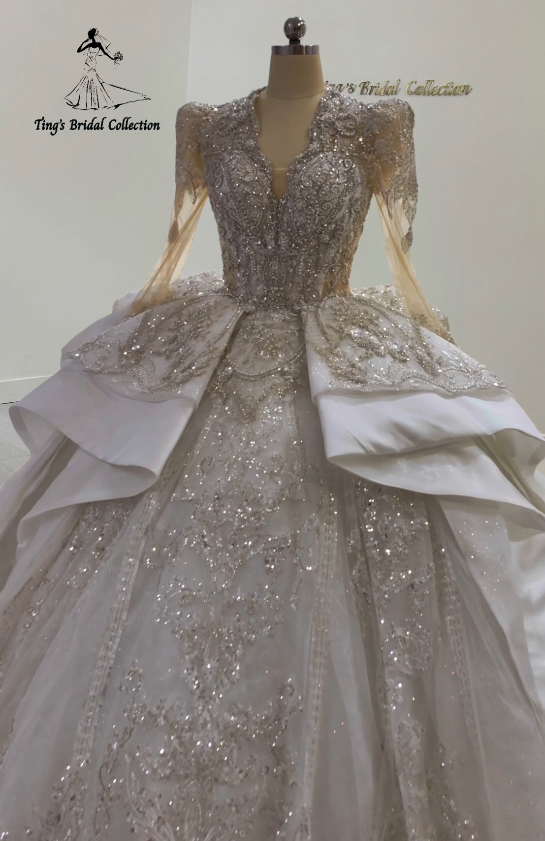 TBC-JB099 Custom-made luxury beading satin long sleeve royal wedding dress