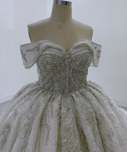 TBC-JB100 Custom-made luxury beading rose pattern off white ballgown royal wedding dress