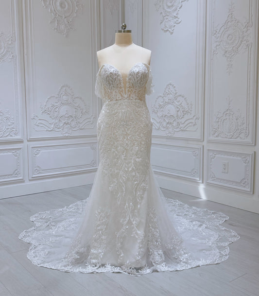 Stock Sale! Size 16! Custom-made lace embroidered off the shoulder trumpet/mermaid wedding dress - Ting's Bridal Collection