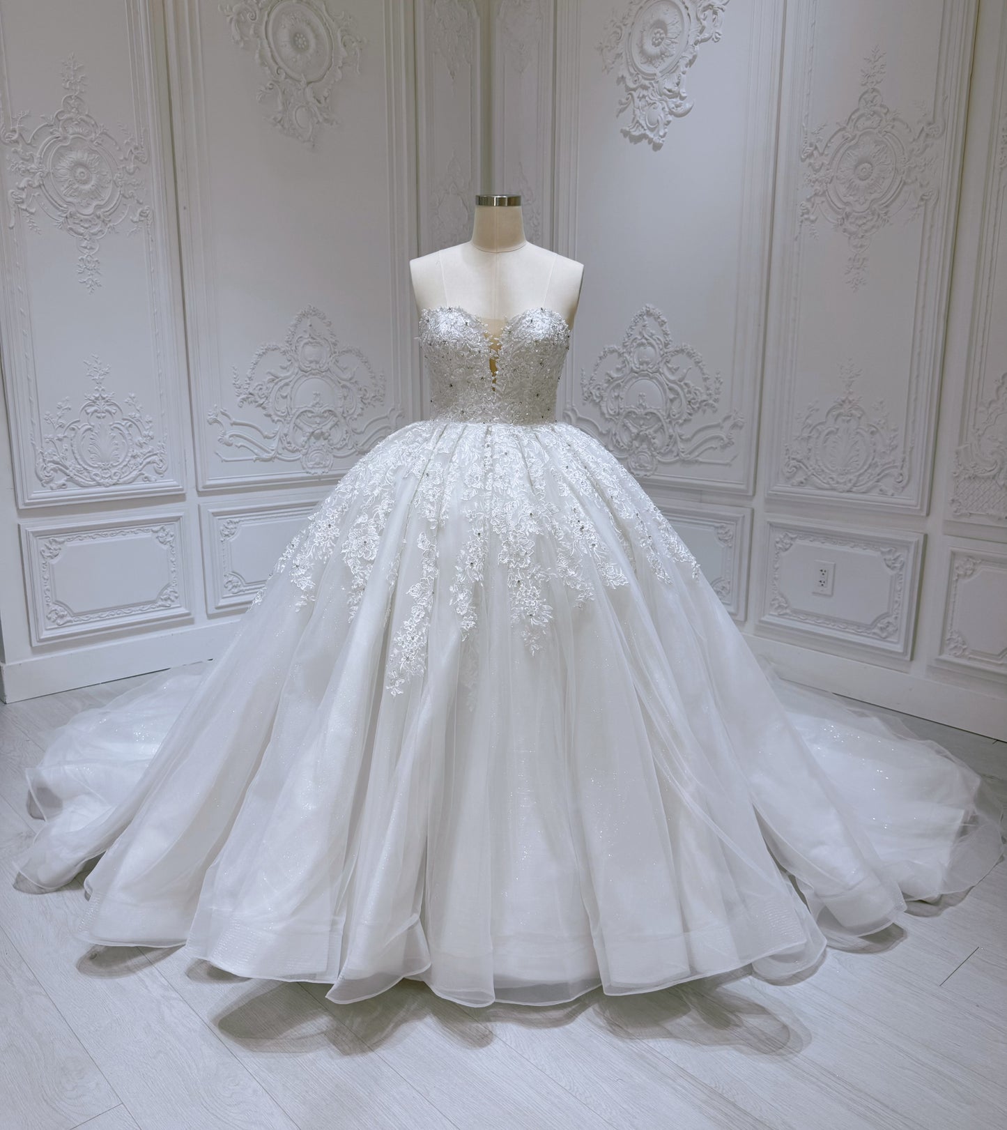 Stock Clearance! Bridal size 12! White floral lace embroidered high neck long sleeve princess ballgown royal wedding dress - Ting's Bridal Collection