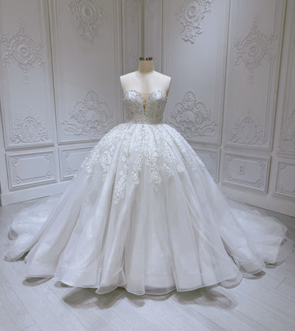 Stock Clearance! Bridal size 12! White floral lace embroidered high neck long sleeve princess ballgown royal wedding dress - Ting's Bridal Collection
