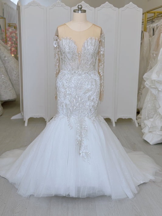 TBC-CM37 Custom-made luxury crystal with beading long sleeve sparkling mermaid wedding dress - Ting's Bridal Collection