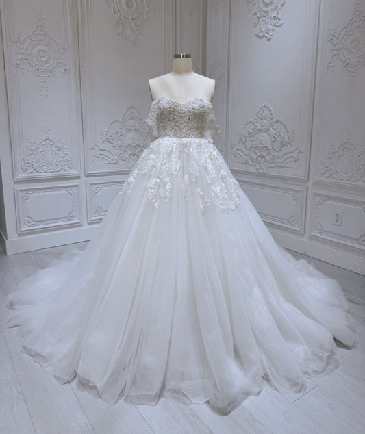 TBC-B002 Stock Clearance! White lace embroidered off the shoulder sparkling ballgown wedding dress - Ting's Bridal Collection