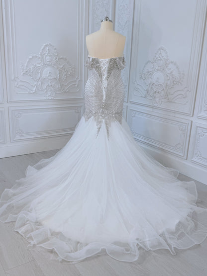 TBC-2IN1-003 Luxury crystal pearl beaded off the shoulder mermaid wedding dress with detachable ruffled skirt - Ting's Bridal Collection