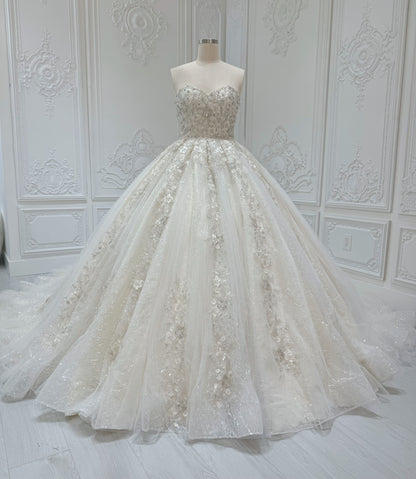 Stock Clearance! Bridal Size 12! Champagne color sparkling 3D floral lace princess ballgown fairy wedding dress with detachable cape - Ting's Bridal Collection