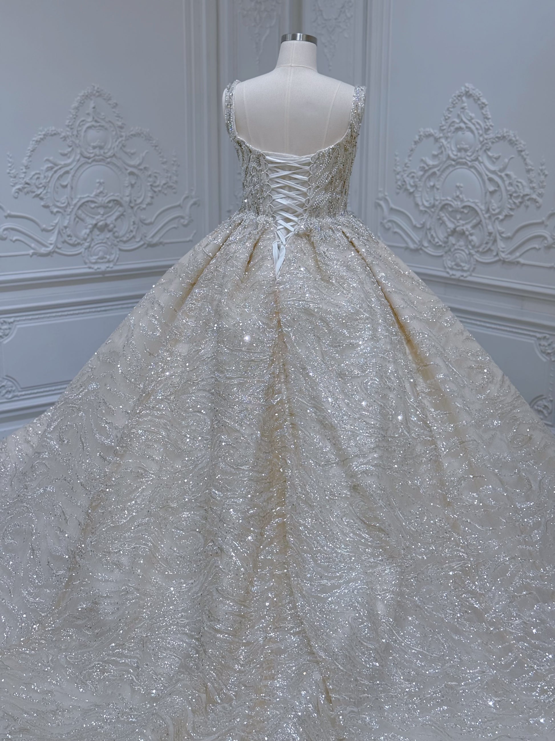 Custom-made luxury beading square neck sparkling princess ballgown royal wedding dress - Ting's Bridal Collection