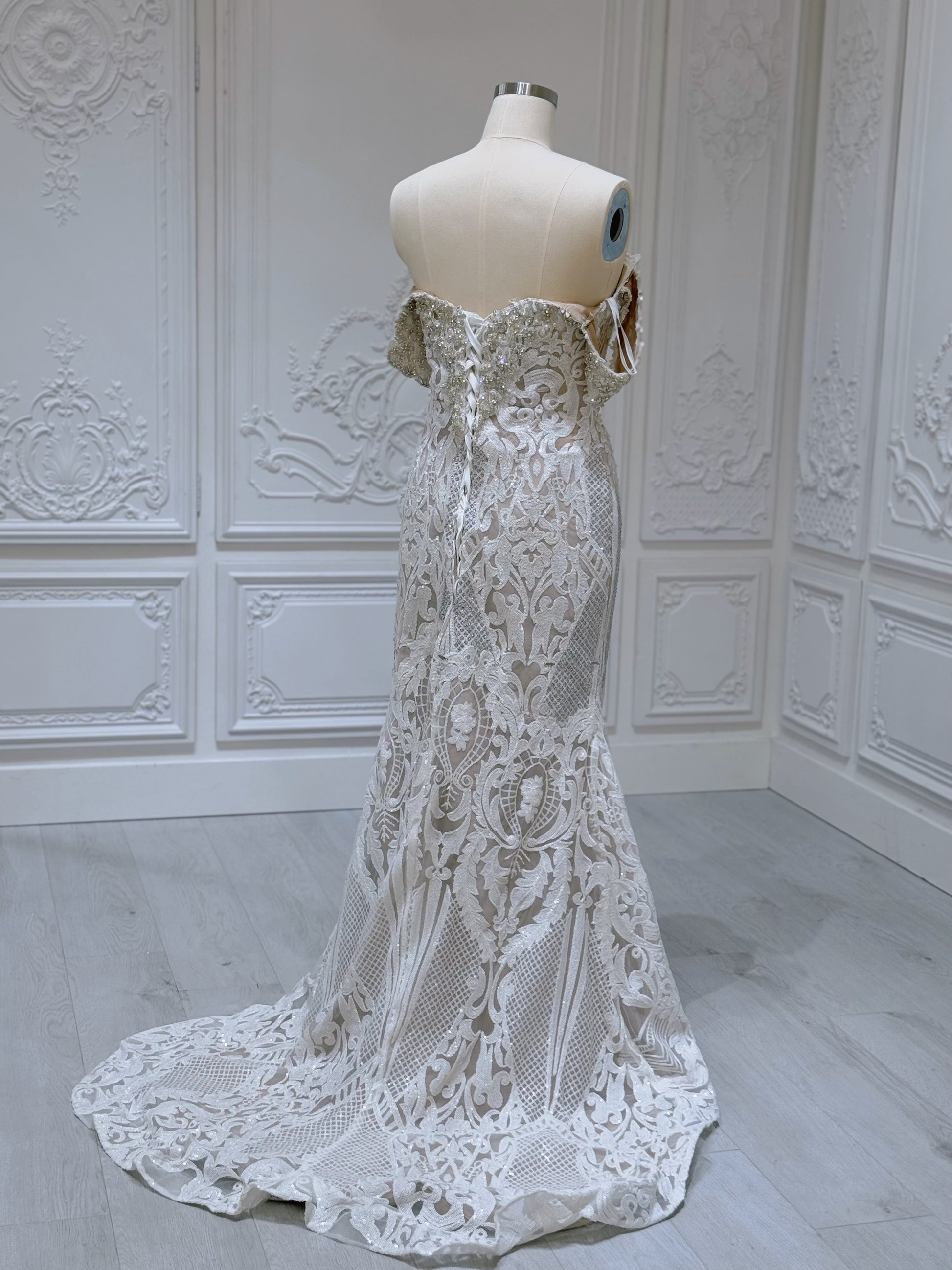Stock Sale! Ivory crystal beaded fitting trumpet wedding dress with split - Ting's Bridal Collection