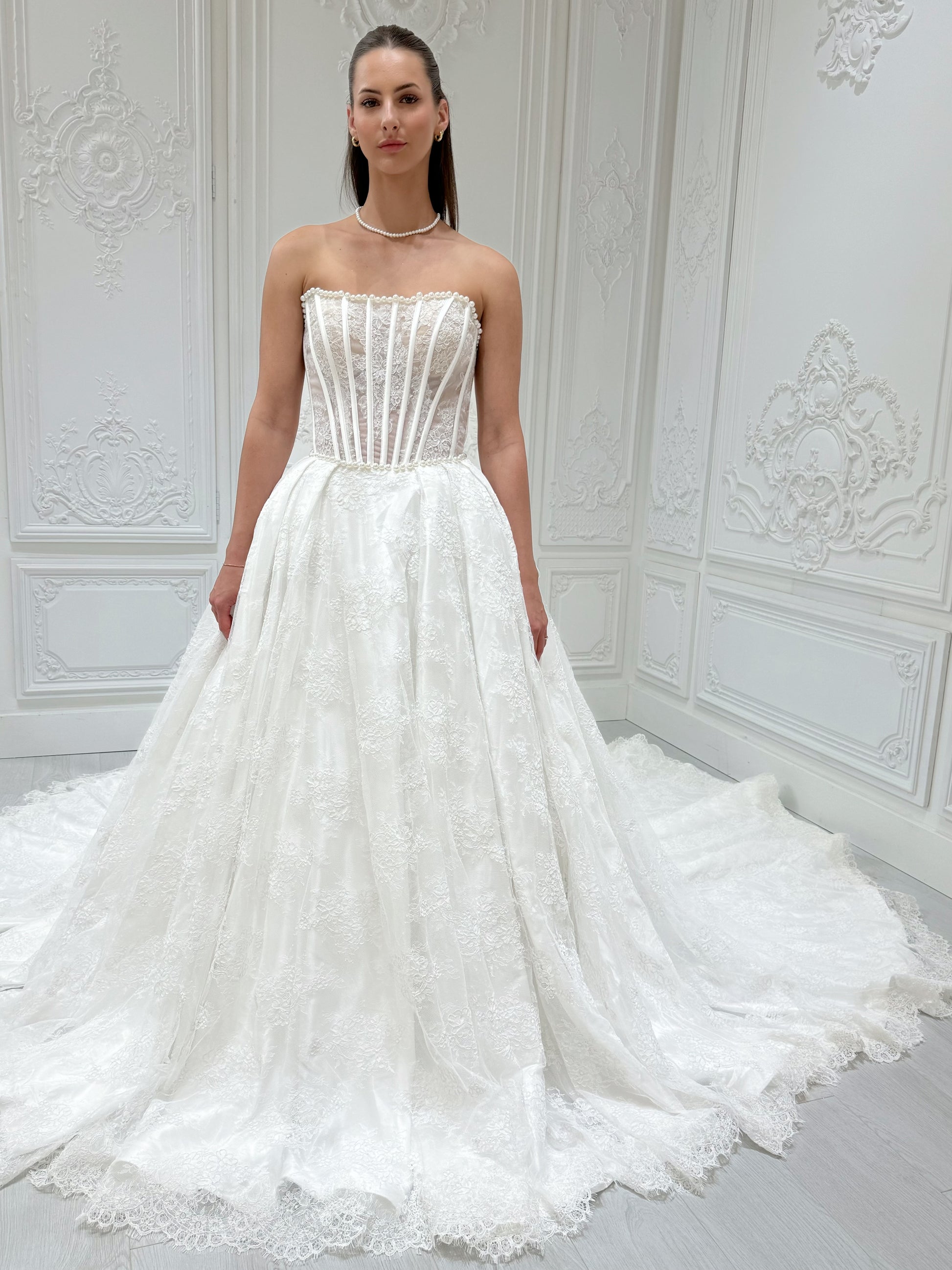 TBC-A001 Stock of straight pearl corset body lace Aline wedding dress Ting's Bridal Collection TBC-A001 Stock of straight pearl corset body lace Aline wedding dress Ting's Bridal Collection