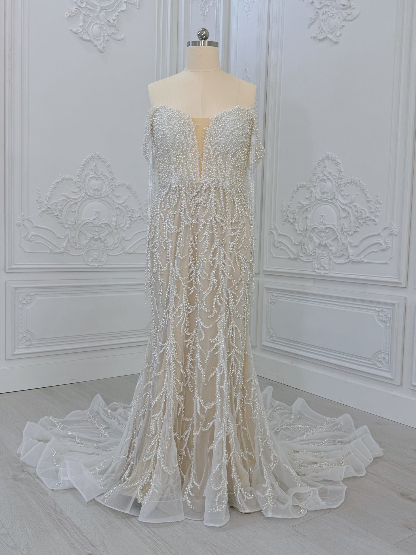 TBC-CM40 Custom-made pearl beading off the shoulder mermaid wedding dress - Ting's Bridal Collection