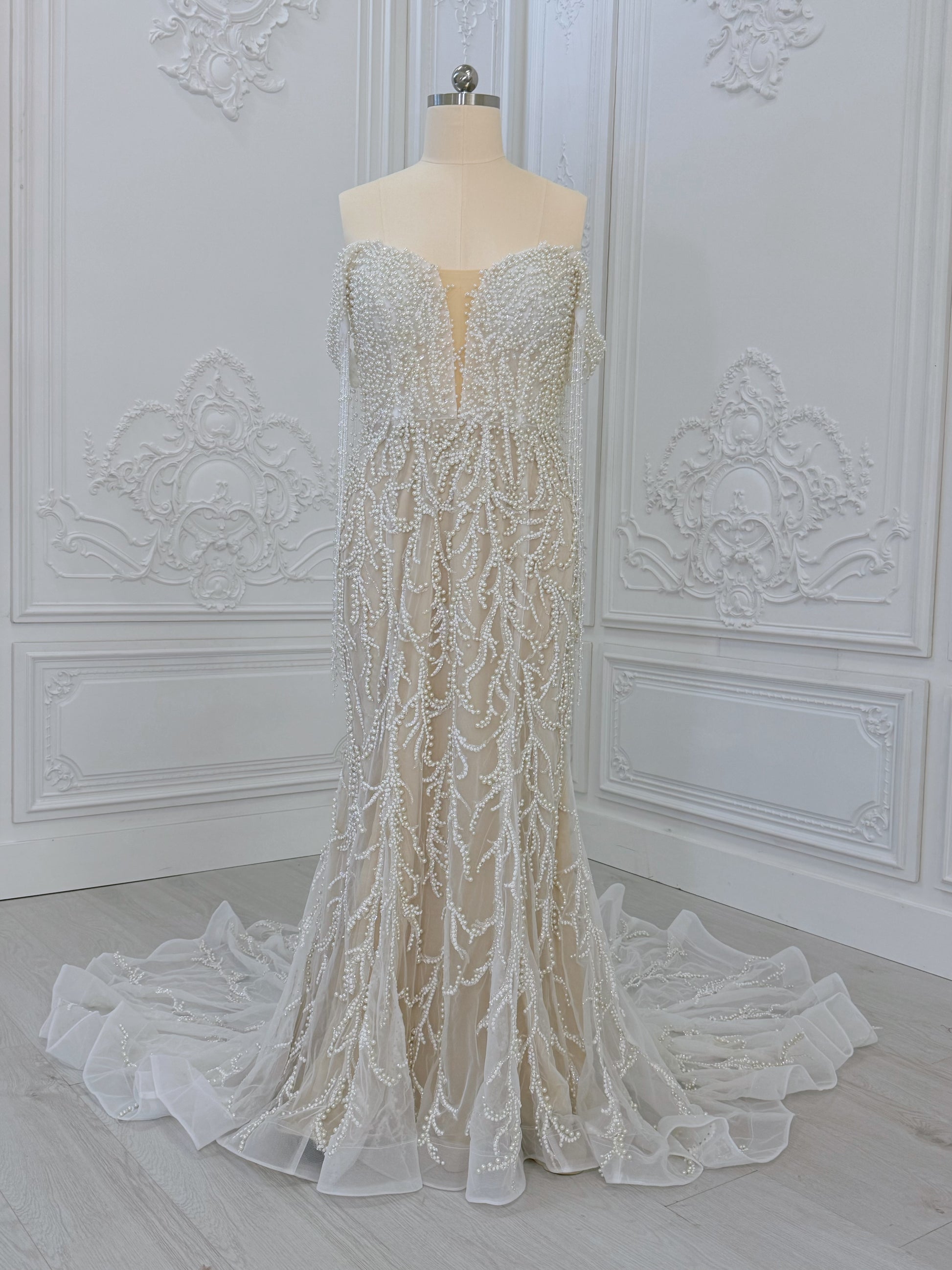 TBC-CM40 Custom-made pearl beading off the shoulder mermaid wedding dress - Ting's Bridal Collection