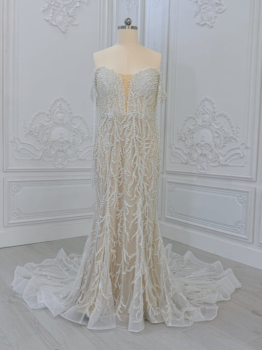 TBC-CM40 Custom-made pearl beading off the shoulder mermaid wedding dress - Ting's Bridal Collection