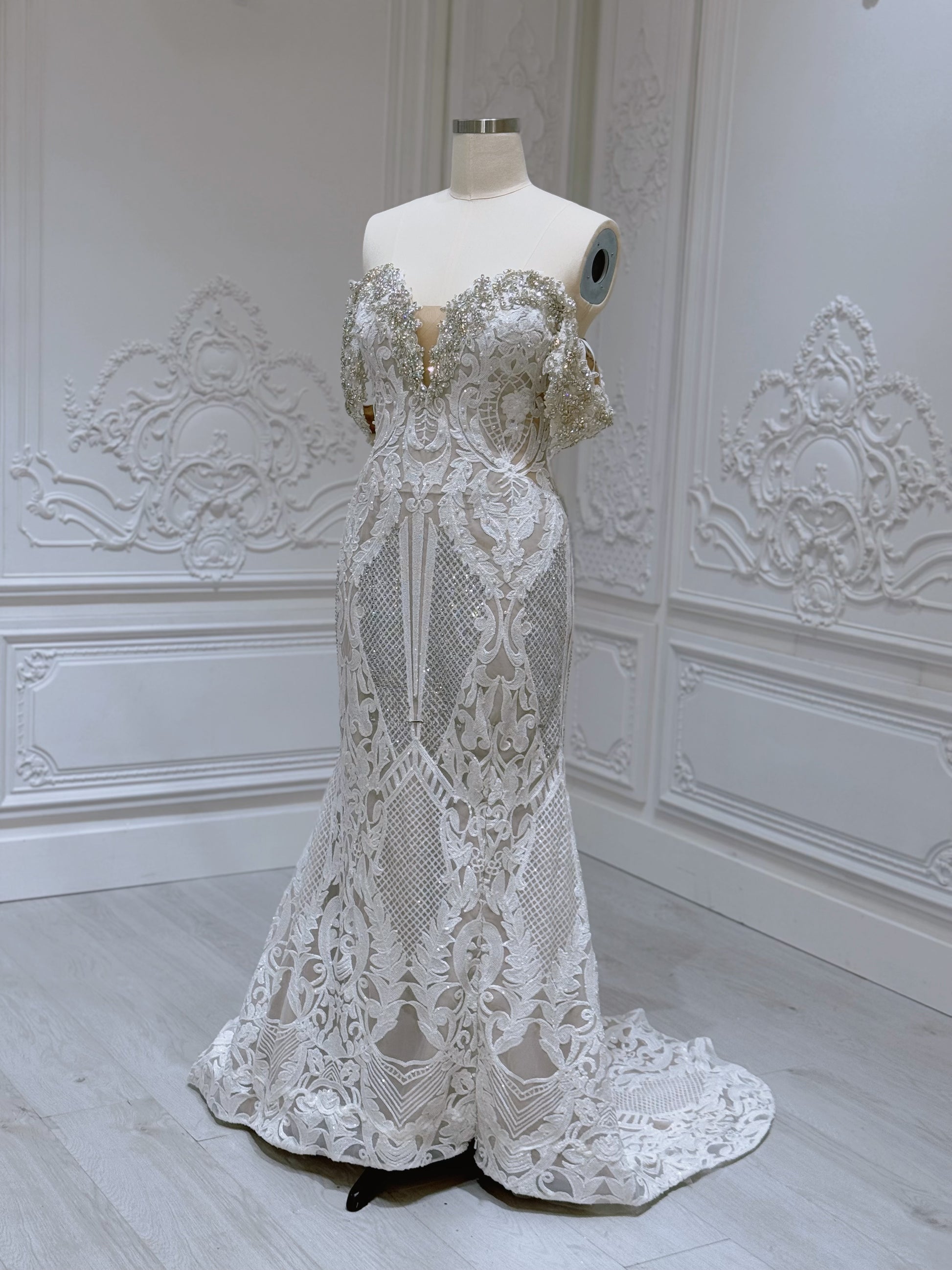 Stock Sale! Ivory crystal beaded fitting trumpet wedding dress with split - Ting's Bridal Collection