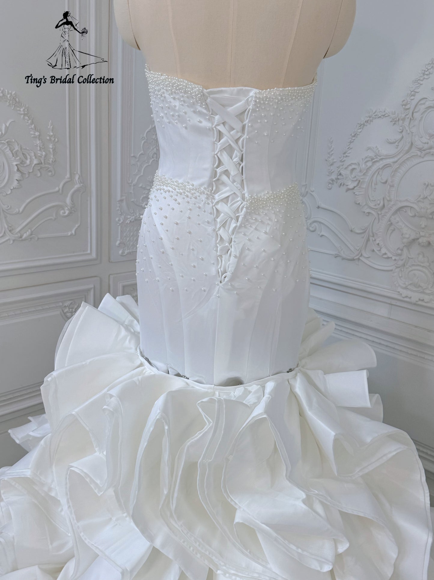 Stock clearance! Bridal size 14! White satin pearl beaded mermaid wedding dress with detachable ruffled skirt - Ting's Bridal Collection