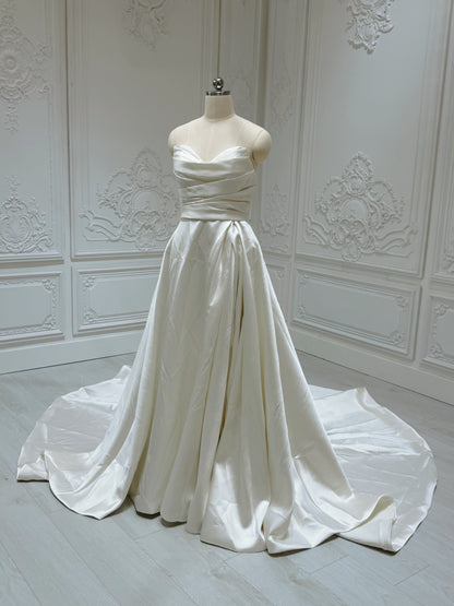 TBC-ZA036 Custom-made pleated satin Aline wedding dress with slit skirt