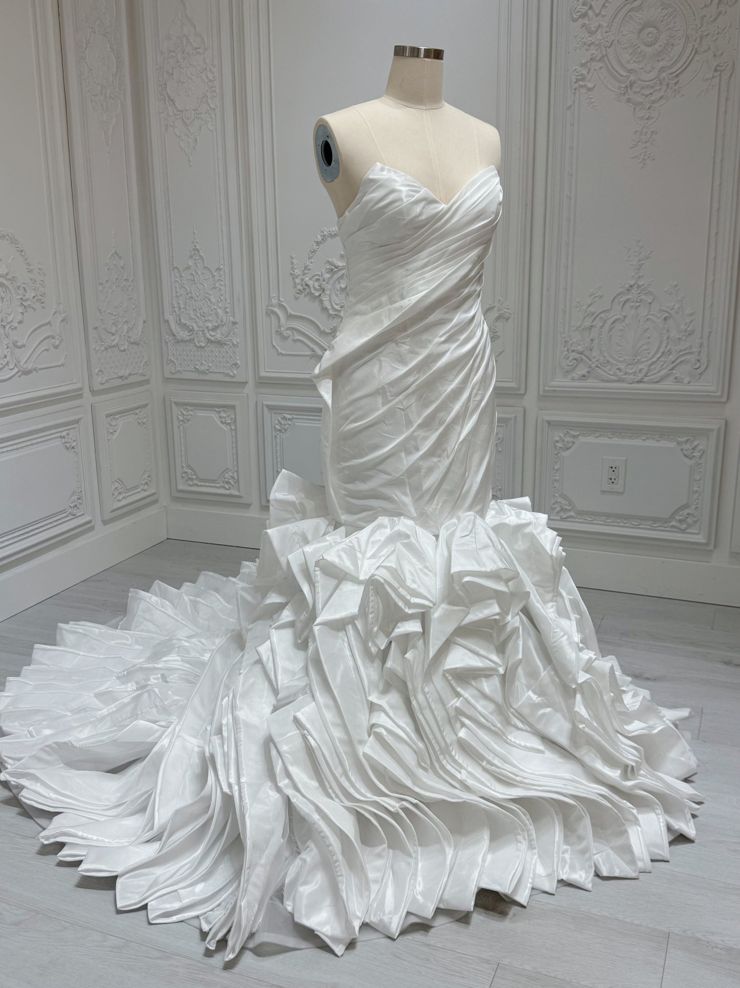 Stock clearance Bridal size 14! White satin pleated mermaid wedding dress with ruffled skirt - Ting's Bridal Collection