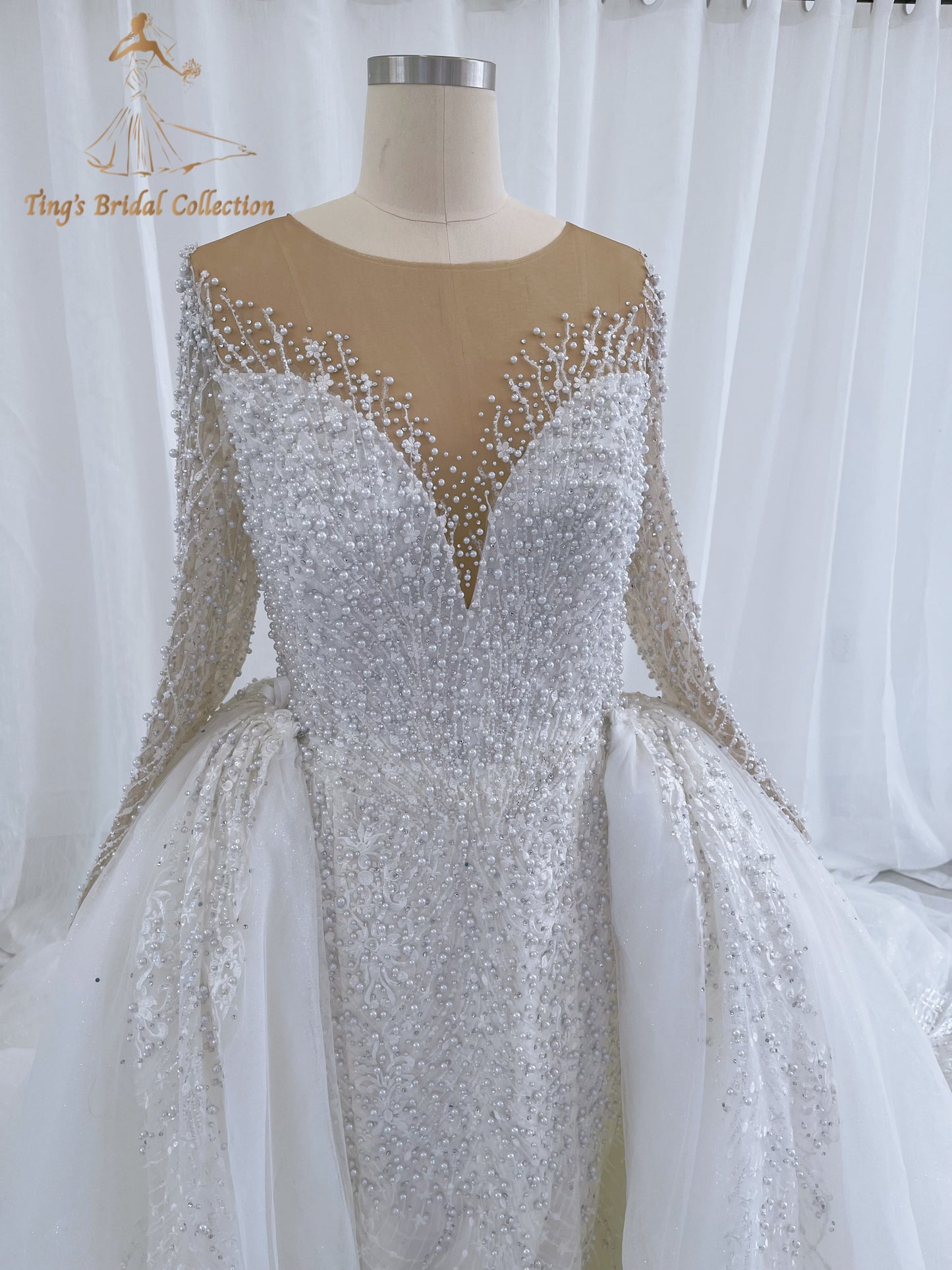 TBC-CM50 Custom-made Pearl with lace ivory long sleeve 2in1 mermaid with detachable skirt - Ting's Bridal Collection